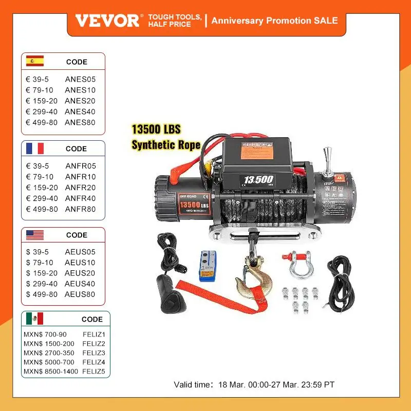 VEVOR 13500LBS 12V Electric Winch for 4X4 92FT Synthetic Trailer Ropes Towing Strap With Wireless Control ATV Truck Off Road