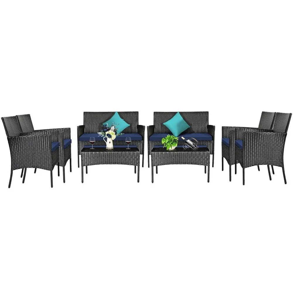 

8 шт. комплект мебели из ротанга, мягкий диван, журнальный столик, крыльцо, патио, темно-синий
