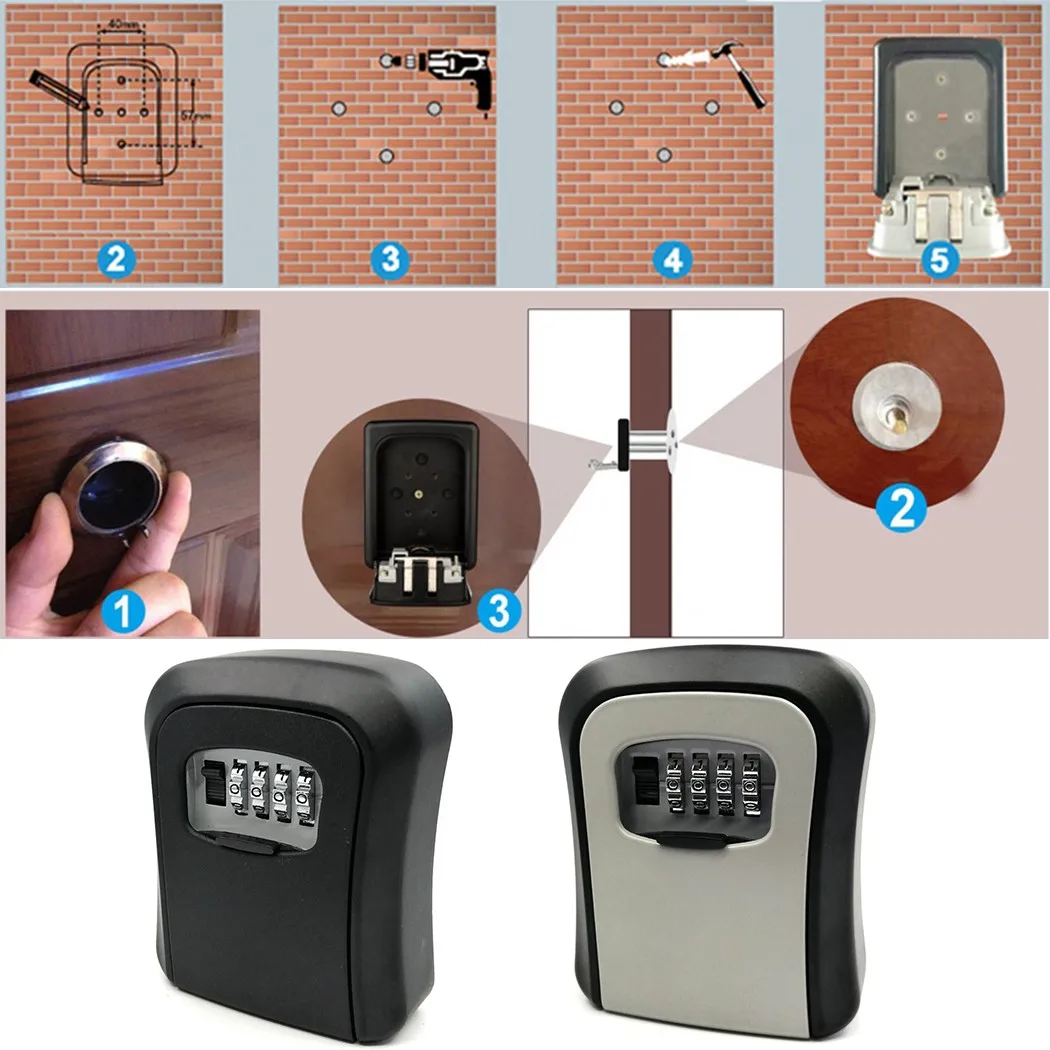 4-cijferige sleutelkluis aluminiumlegering muur 115 95 40 mm zwarte doos behuizing code grijs hoog gemonteerde buitenbeveiliging opslag