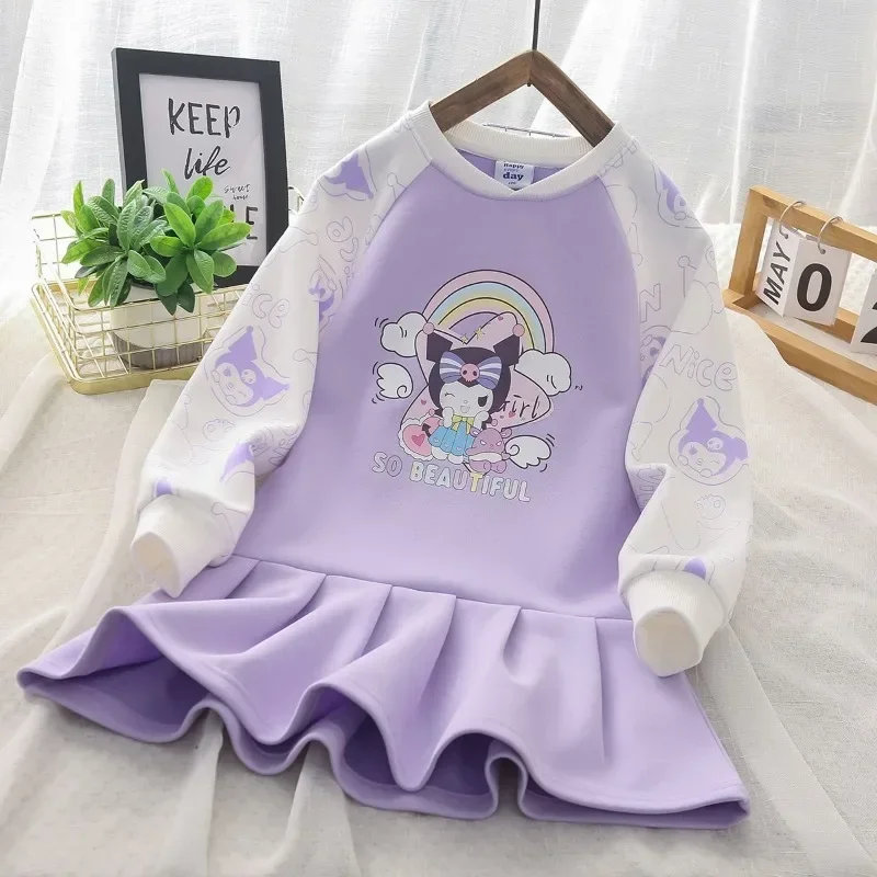 

Sweet Kawaii Kuromi Anime Long Sleeve Hooded Spring Autumn Cute Cartoon Sanrio Ins Shirt Dress Clothing Y2k Gifts for Kids