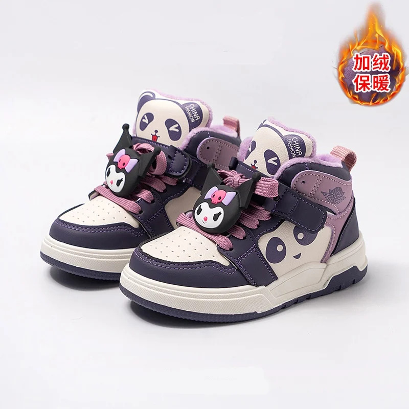 Kuromi Sport Shoes Winter Warm Cotton Shoes Kids High-Top Casual Sneakers Kawaii Kuromi Basket Shoes Girls Snow Shoes Size 26-37