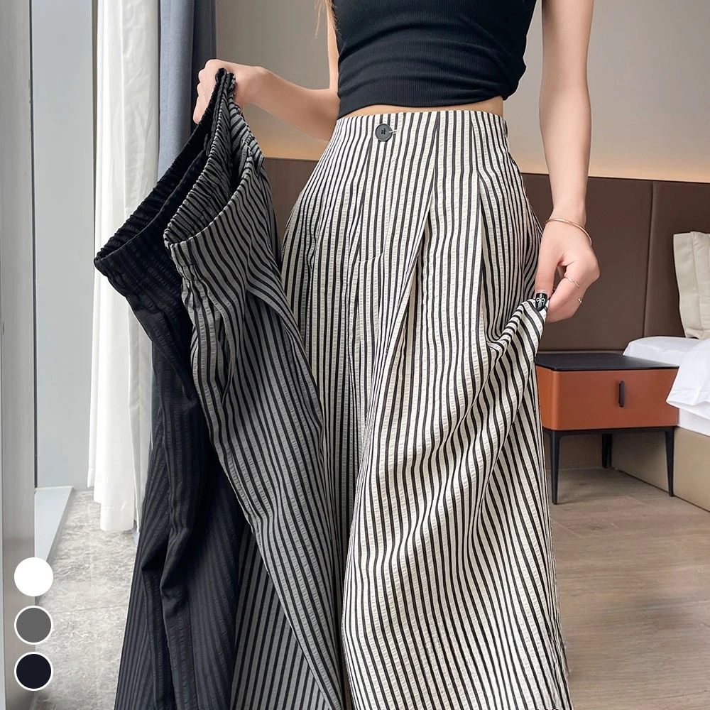 2025 neue Vintage Gestreifte Baumwolle und Leinen Hohe Taille frauen Breite Bein Hosen Taste Gerade Lose Volle Länge Hosen weibliche