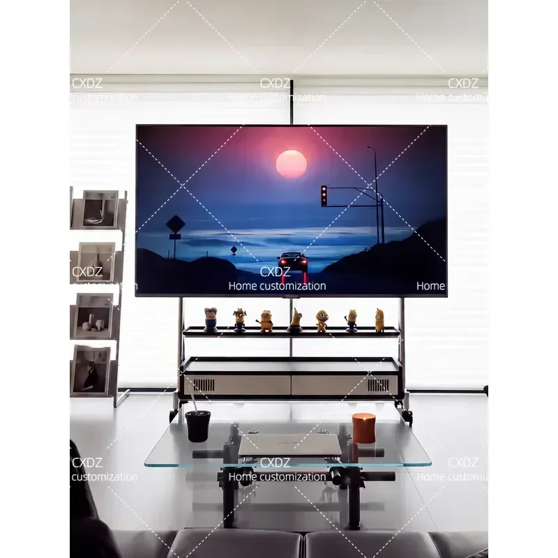 Minimalist Removable TV Bracket with Pulley Solid Wood Floor Shelf TV Cabinet Rack for Home Living Room Storage Stand