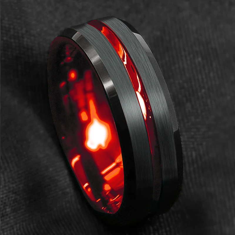 8mm Red Groove Beveled Edge Black Stainless Steel Ring For Men Black Brushed Steel Engagement