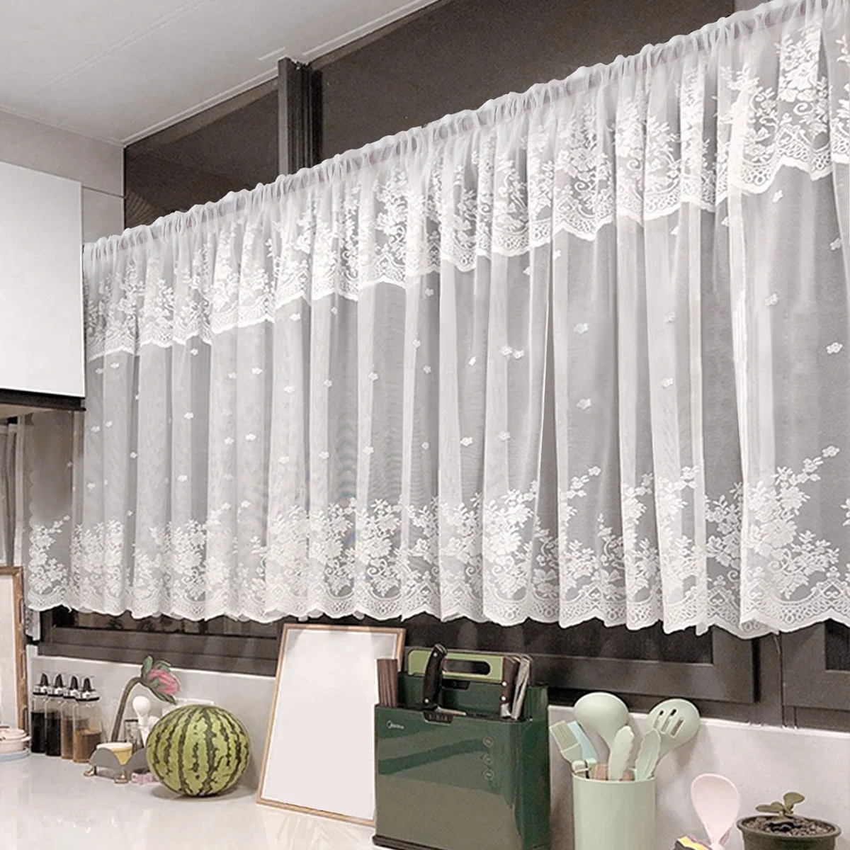 1PC White Short Lace Curtain,Cute Floral Pattern Kitchen Valance,Window Valances Pastoral Tulle Voile Home Decor Kitchen Door