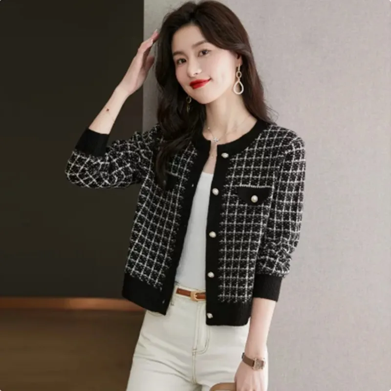 

Outlet Store Women's Knitted ort Cardigan Coat High Waist Plaid Pattern Commute Sle Long Sve round Ne Single Button