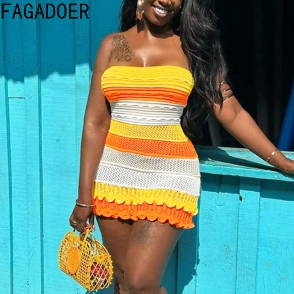 

FAGADOER Summer Knit Tube Dress Women Cute Striped Patchwork Ruffles Hem Skinny Stretch Bodycon Vacation Street Clubwear