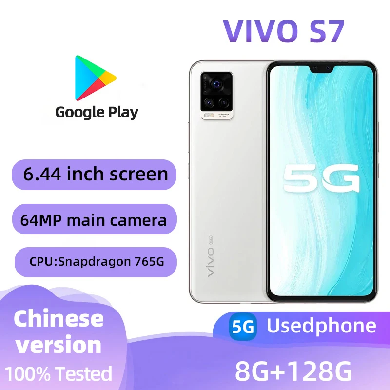 Vivo S7 5G Smart Phone Android CPU Snapdragon 765G 6.44inches Screen ROM 128GB  64.0MP 4000mAh 33W Super Charge used phone