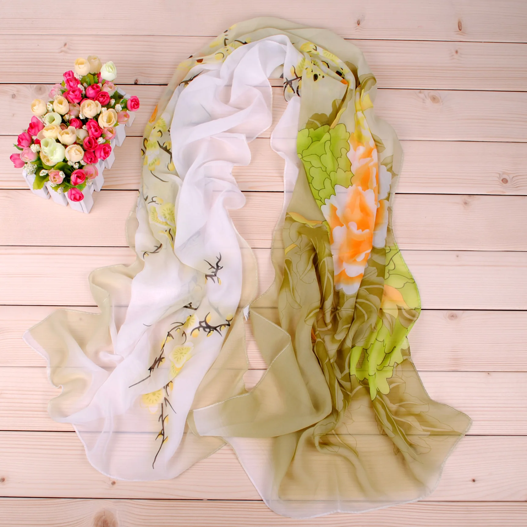 New Peony Flower Women\'s Printed Chiffon Long Scarves Wholesale Yiwu Autumn and Winter Scarves Small Scarves