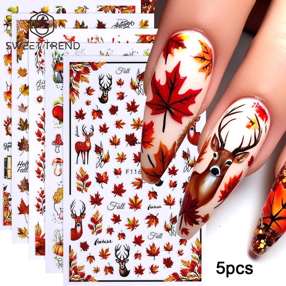 SWEET TREND-5pcs/10pcs Autumn Nail Stickers Cartoon Fall Maple Leaves Pumpkin Elk Self-Adhesive Decal Halloween Manicure Decor