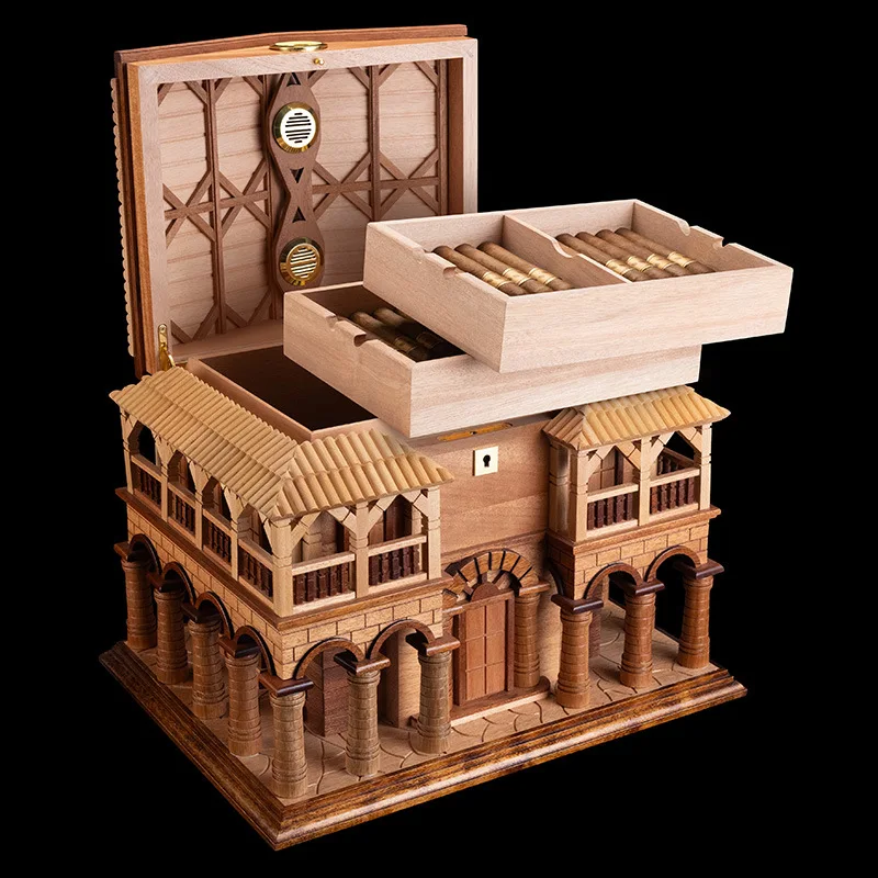 Premium exquisite cigar box, natural cedar wood carved cigar room, large capacity moisturizing box