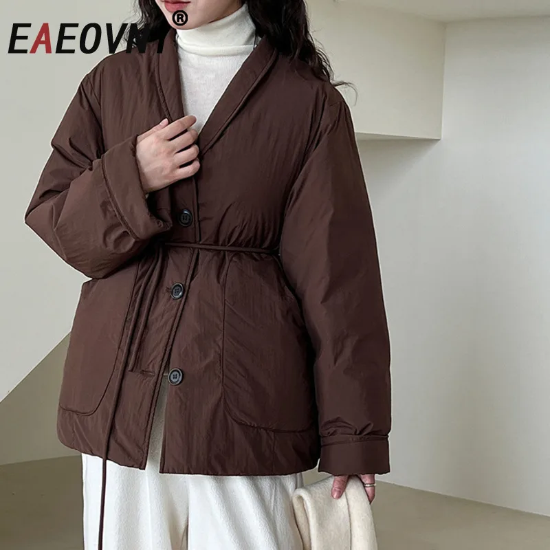 

EAEOVNI Winter Warm Down Jacket Women V Neck Button Lace-up Gathered Waist Versatile Coat Fashion 2025 New Clothing