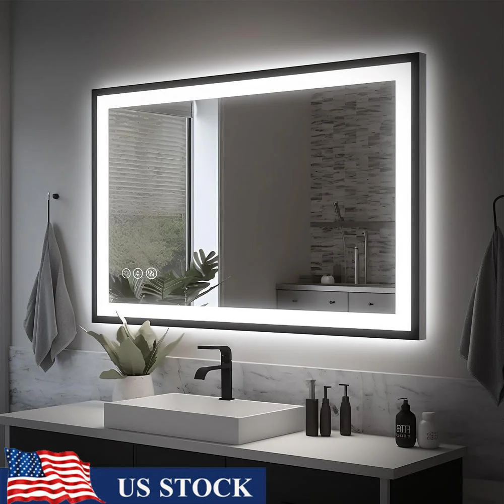 LED Bathroom Mirror Front/Backlit Anti-Fog Vanity Mirror Stepless Dimmable Space Black Aluminum Frame Touch Sensor Memory