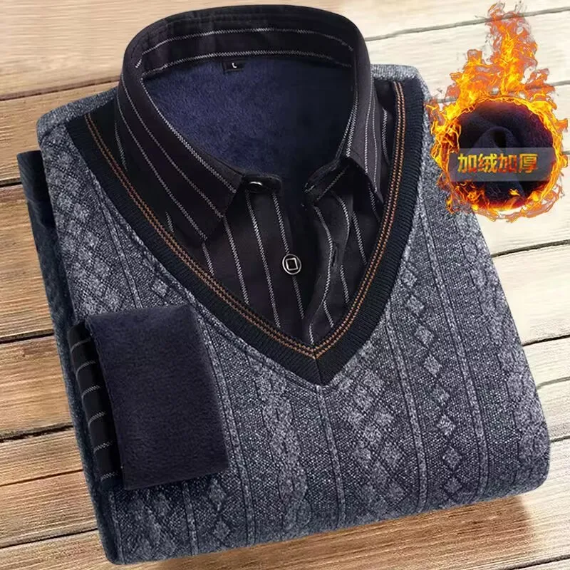 5XL Men Fleece Shirt-collar Sweater 2024 Autumn Winter Fashion Grid Solid Thicken Warm Sweater Male Plus Velvet Thicken Sweater