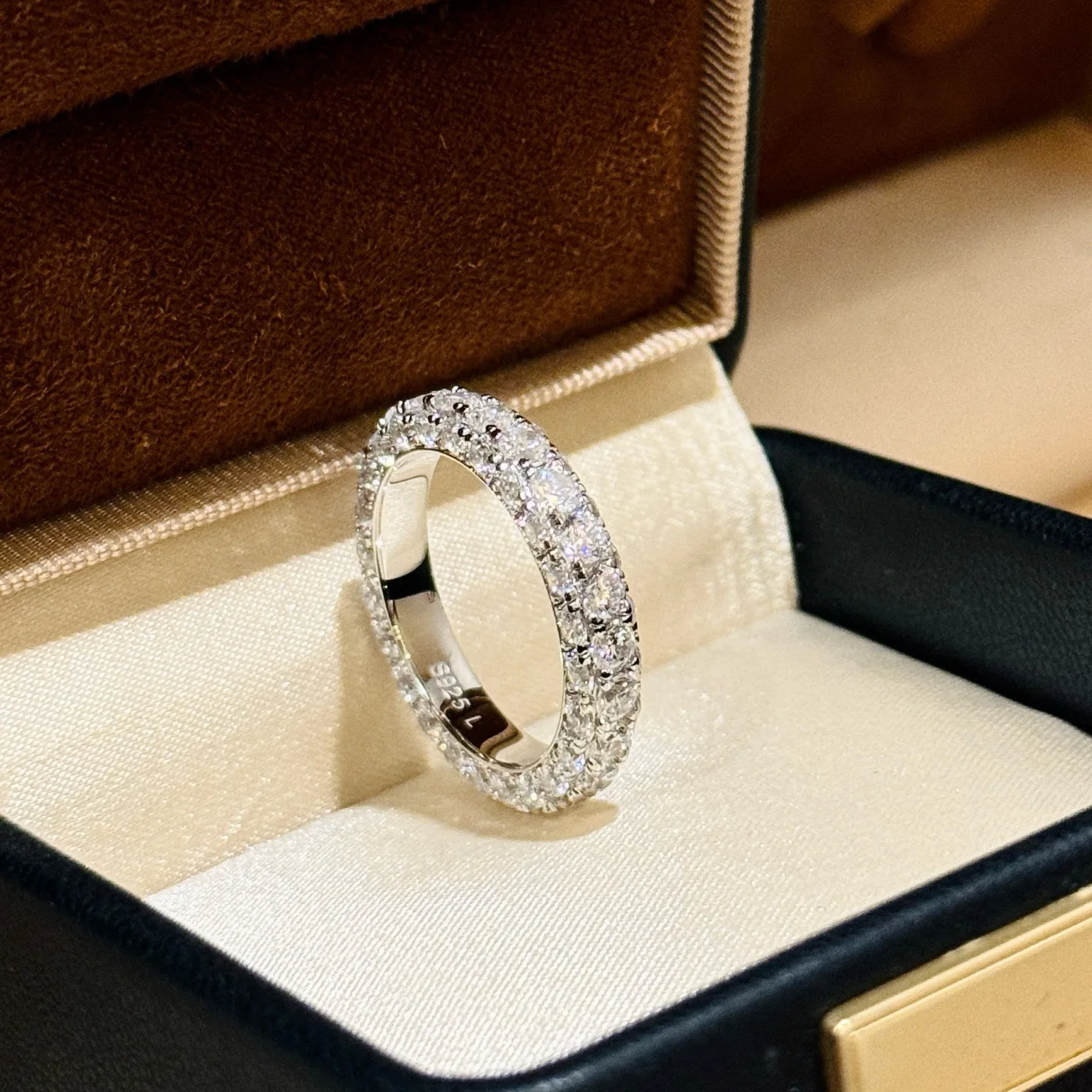100% 925 Sterling Silver 3 Row Full 5A Zirconia Ring For Women Fine Jewelry