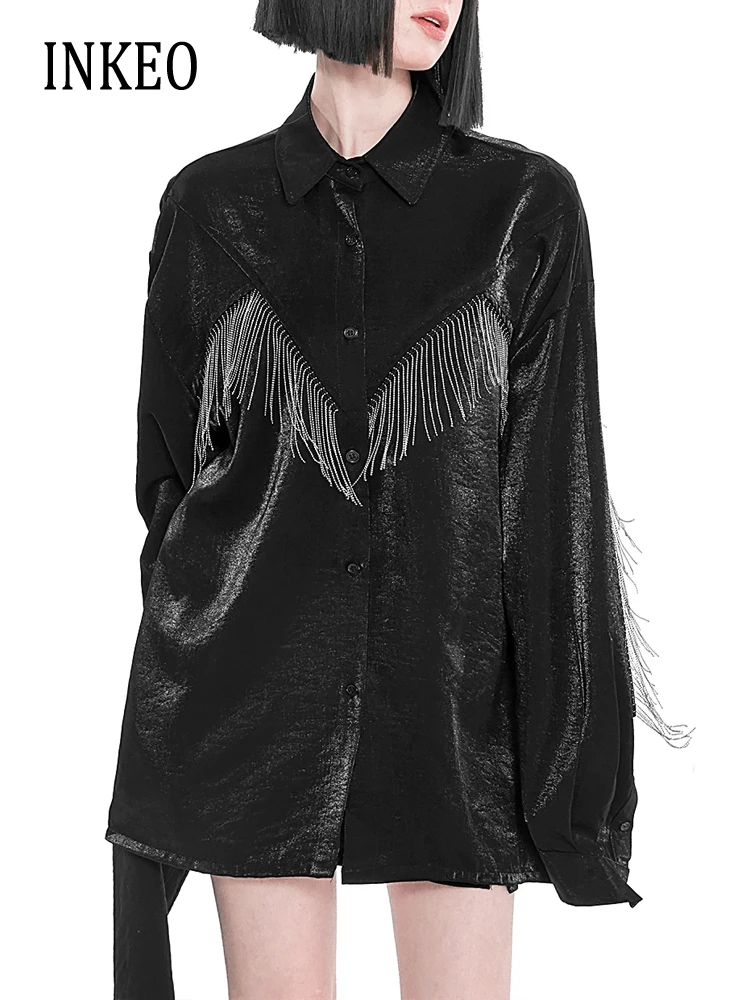 Luxury Satin Tassel shirt Women's 2024 Spring Summer Pink Long sleeve fringing blouse Oversized Tops Black White INKEO 3T244