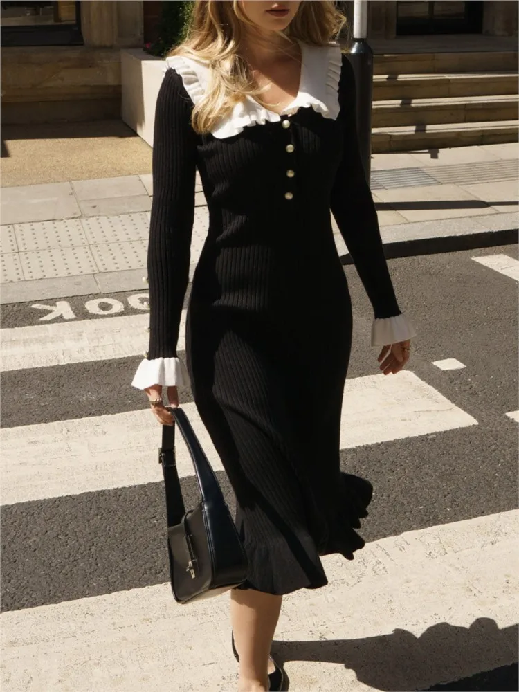 

Temperament White Black Hem Ruffled Dress Women Autumn Winter Slim Long Knitted Dresses Women's Vintage Chic Dress Trendy Robe