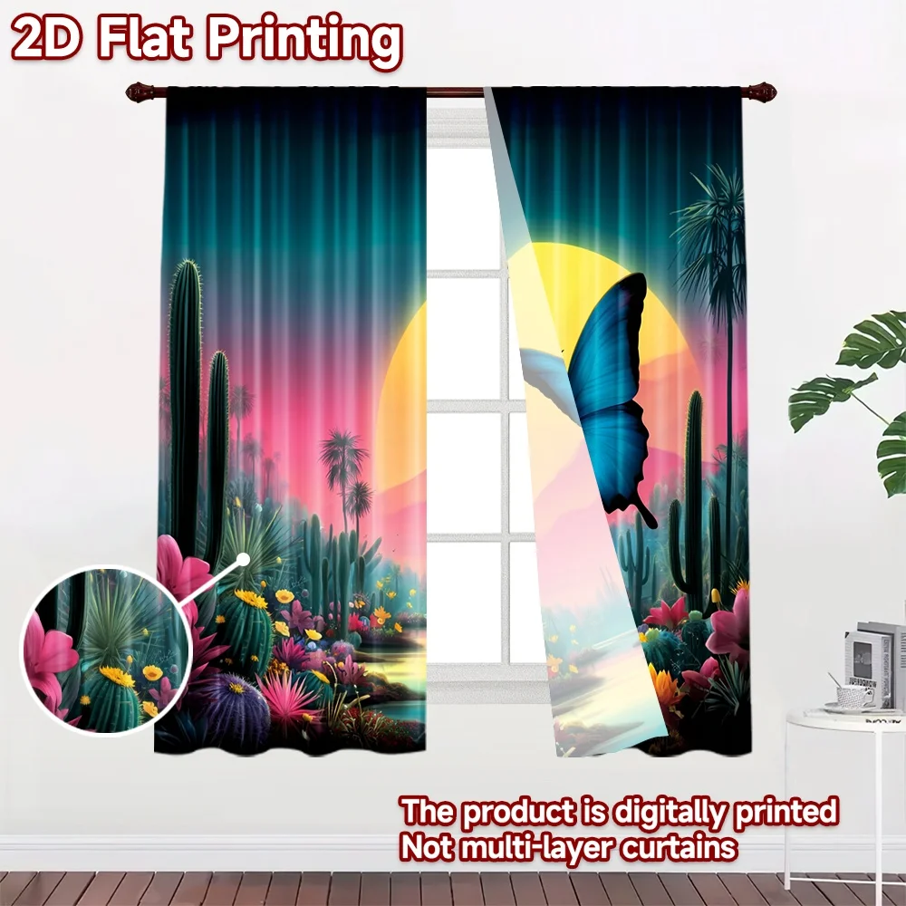 2D flat printing 2pcs Drapes Blue Butterfly Desert Oasis Digital Printed Polyester Drapes Family Party Use for Photo Booths &