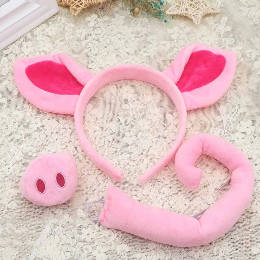 Cute Cartoon Plush Pig Hair Band Creative Pink Pig Ears Headband Halloween Cosplay Role-playing Toys Accessories Set