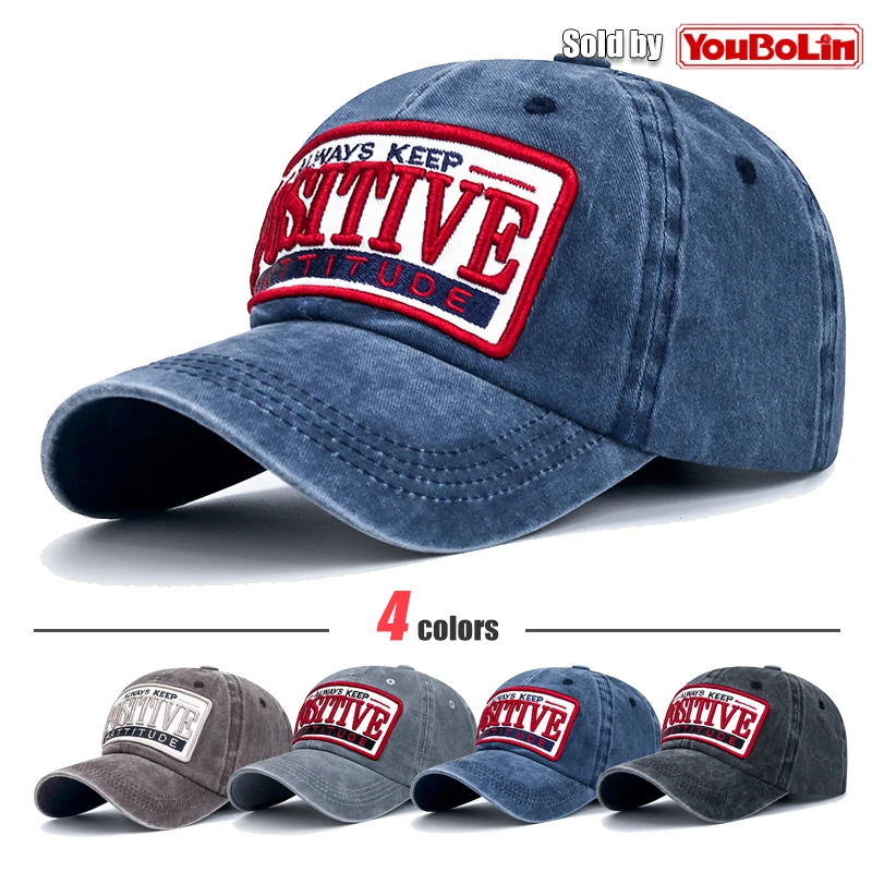 

POSITIVE Letter Patch Embroidery Washed Distressed Cotton Adjustable Soft Top Baseball Cap Sun Hat Trucker Caps Dad Hats