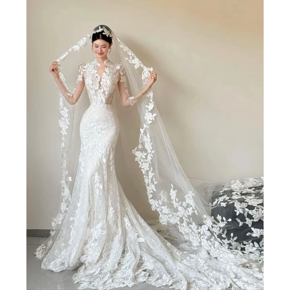 High Neck Mermaid Wedding Dress with 3D Floral Lace & Sheer Long Sleeves, Elegant Train Bridal Gown with Matching Flower Veil