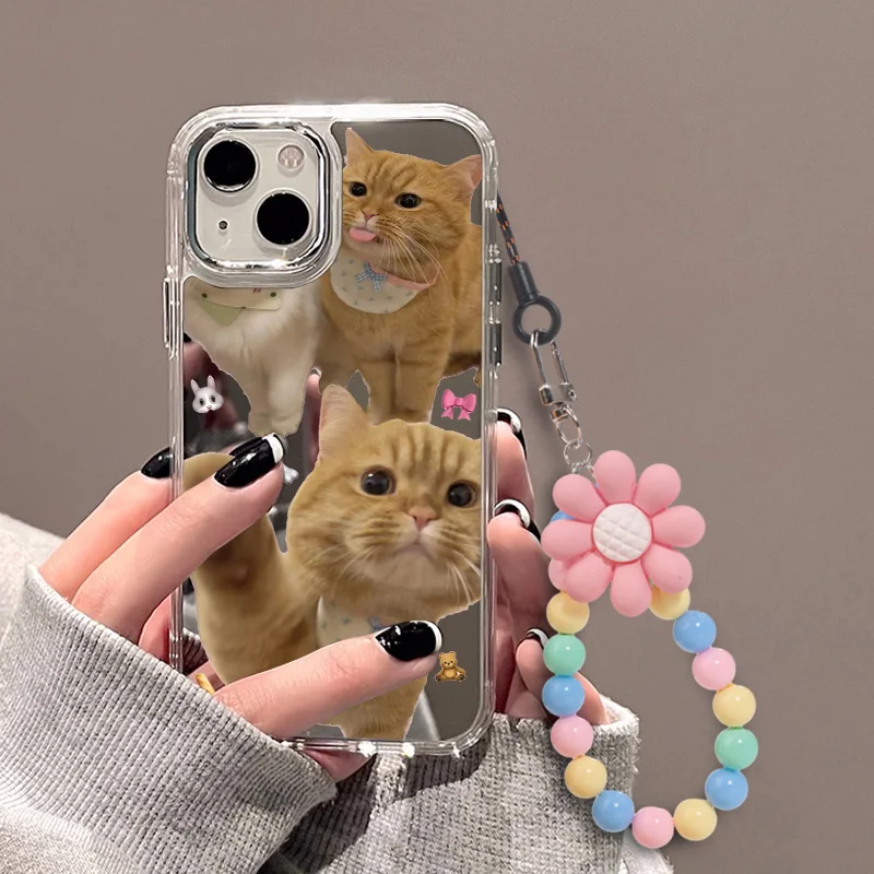 Cute Cat Makeup Mirror Phone Cases For iPhone 16 Case iPhone 15 Pro Max 14 11 12 13 Pro Beaded Bracelet Colorful Lanyard Cover