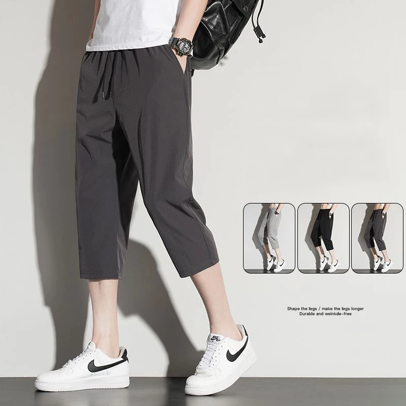 

Men Stretch Quick Drying Narrow Leg Capri Pants Summer New Fashion Versatile Black Gray Casual Trousers Male Straight Sweatpants