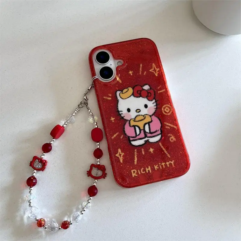 Sanrio Anime Cartoon Hello Kitty Phone Case Kawaii Iphone14/13/16/15Promax Anti Fall Phone Case Phone Chain Girl New Year's Gift