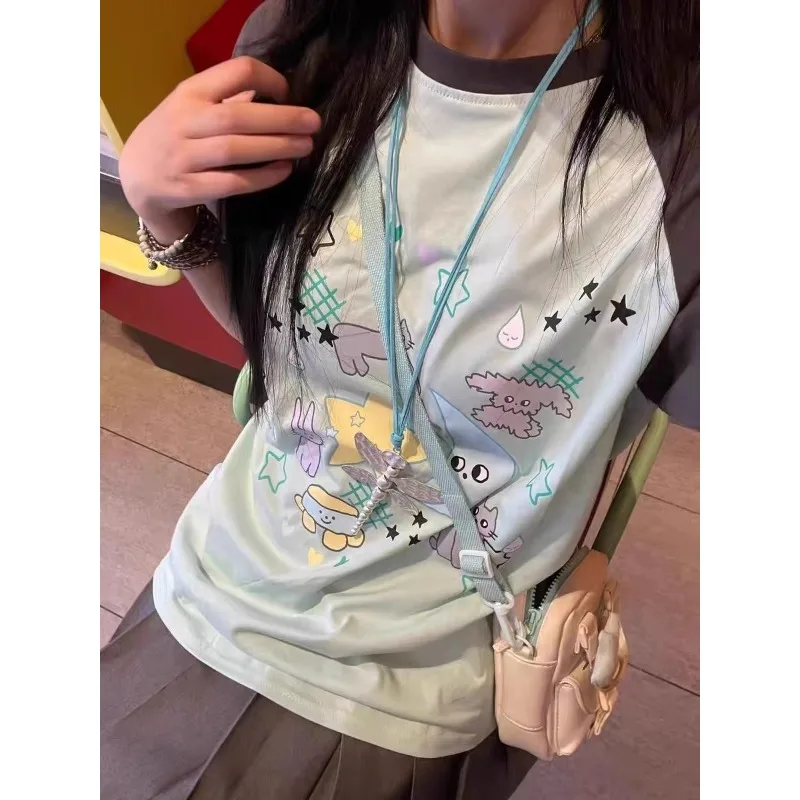 

Blue Grey Short Sleeve T-shirt Female Summer 2024 Cute Kawaii Japanese Y2k Harajuku Top Sweet Cartoon Print Women Casual Tees