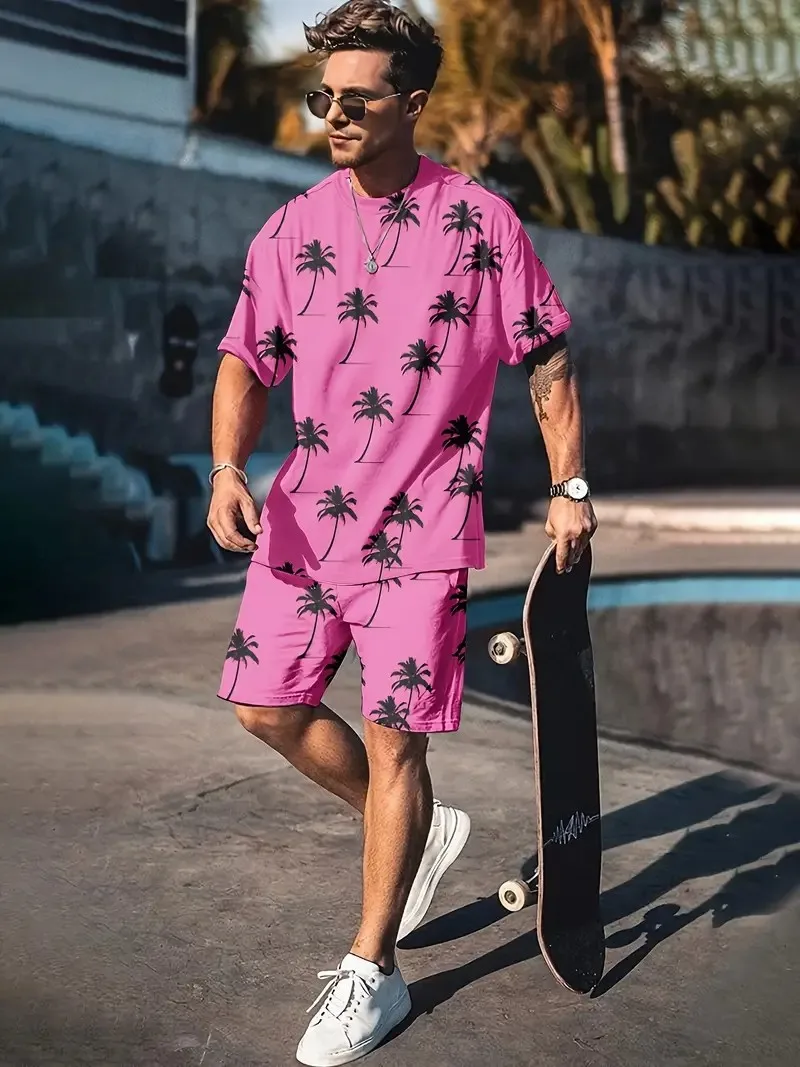 Summer 3D Coconut Tree Printing Men\'s Suit Street Harajuku Style Short-sleeved T-shirt + Shorts Men\'s Shorts Suit Plus Size