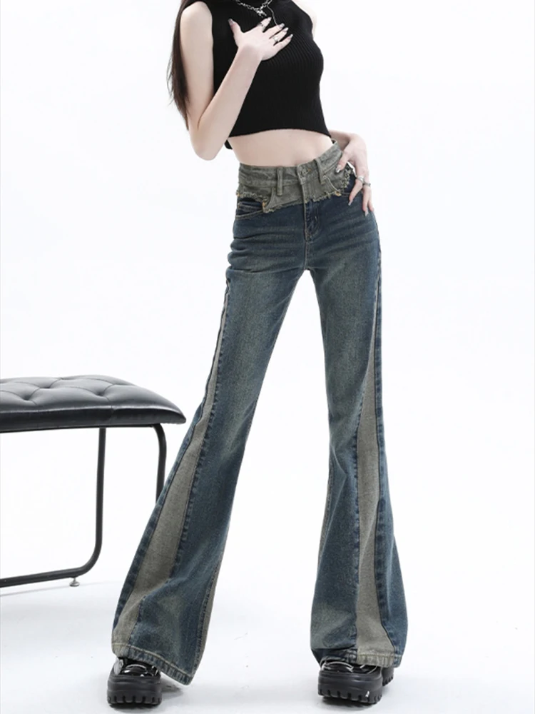 

Autumn Vintage Designer Flare PantsWomen Patchwork Korean Fashion Denim Pants Female High Waist Elegant Casual Pants 2023 New