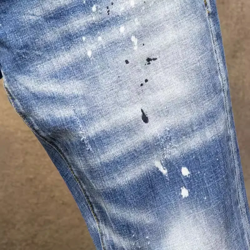 Street Fashion Men Jeans Retro Light Blue Stretch Skinny Fit Ripped Jeans Men Painted Designer Hip Hop Vintage Denim Pants