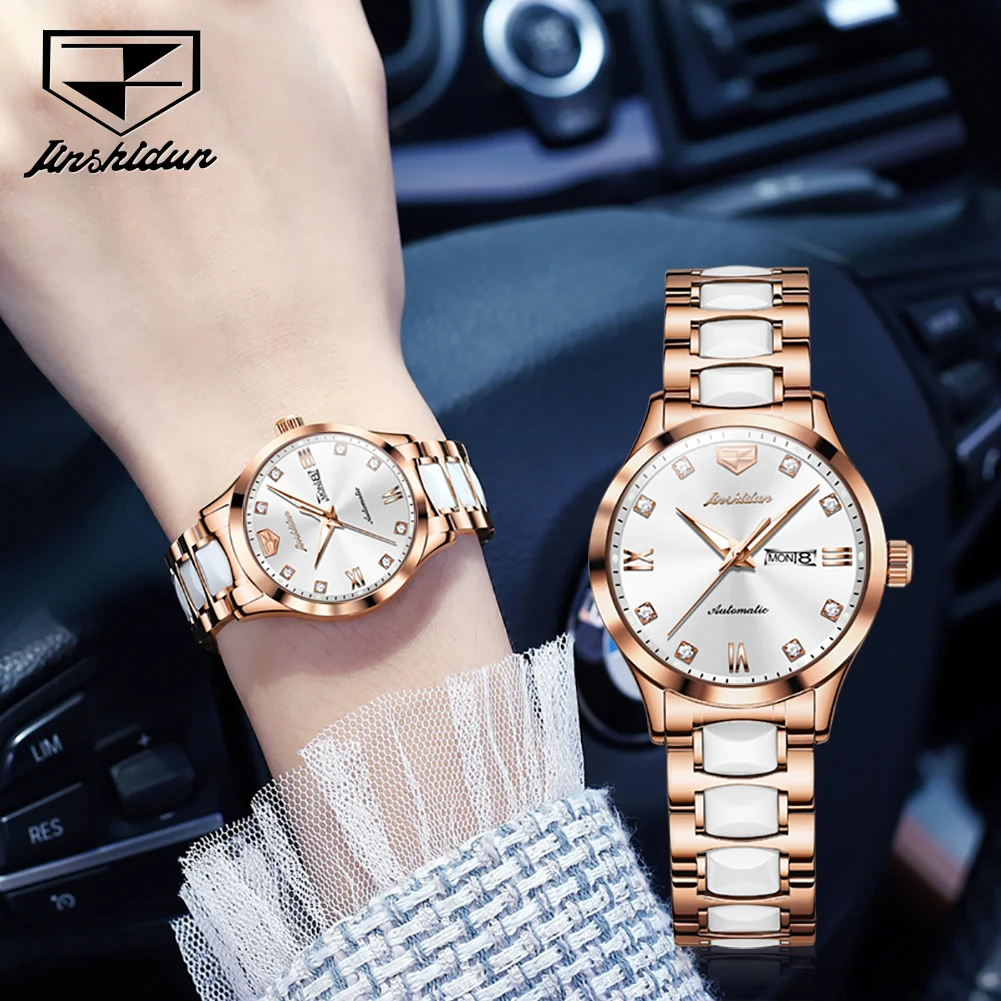 

JSDUN Original Luxury Watch for Women Automatic Waterproof Diamond Ceramic Bracelet Elegant Mechanical Ladies Wristwatch Set