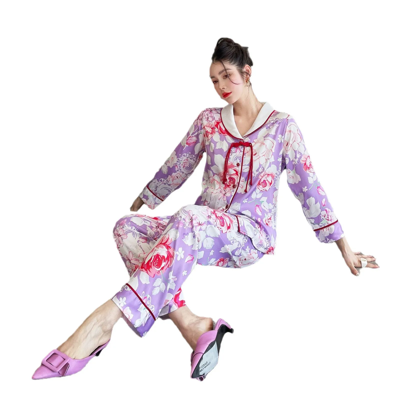New Long Sleeved Chinese Style Ice Silk Pajamas, Women's Autumn And Winter Cardigans, Printed Home Clothes, High-end Set Nightwe image 5