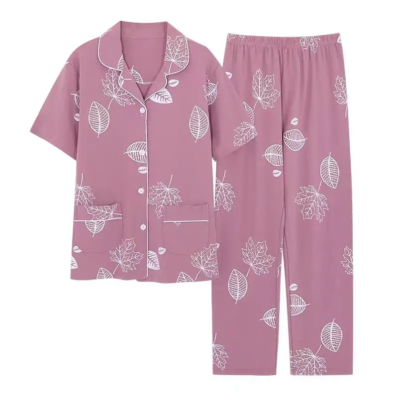 

Summer Pajama Sets Square Women 2 Piece Set Outfit Cardigan Trousers Sets Casual Short Sleeve Sleepwear T-shirt Home Wear M-3XL