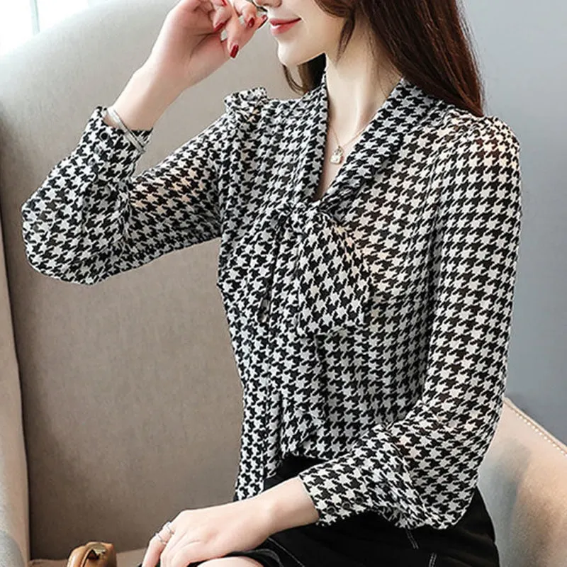 Women Elegant Houndstooth Print Bow Tie Button Up Shirt Autumn Fashion Korean Long Sleeve Office Ladies Blouses Tops Camisas 5XL