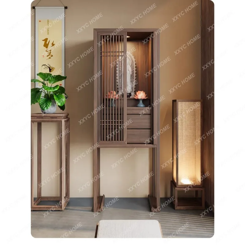 XXNew Chinese Solid Wood Buddha Cabinet Vertical Household Elm Storage Cabinet God of Wealth Guanyin Bodhisattva
