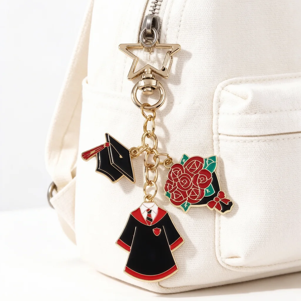 Graduation Cap Gown Enamel Keychain Rose Bouquet Charm Keyring Backpack Pendant Grad Fashion Jewelry Gift for Teacher Students