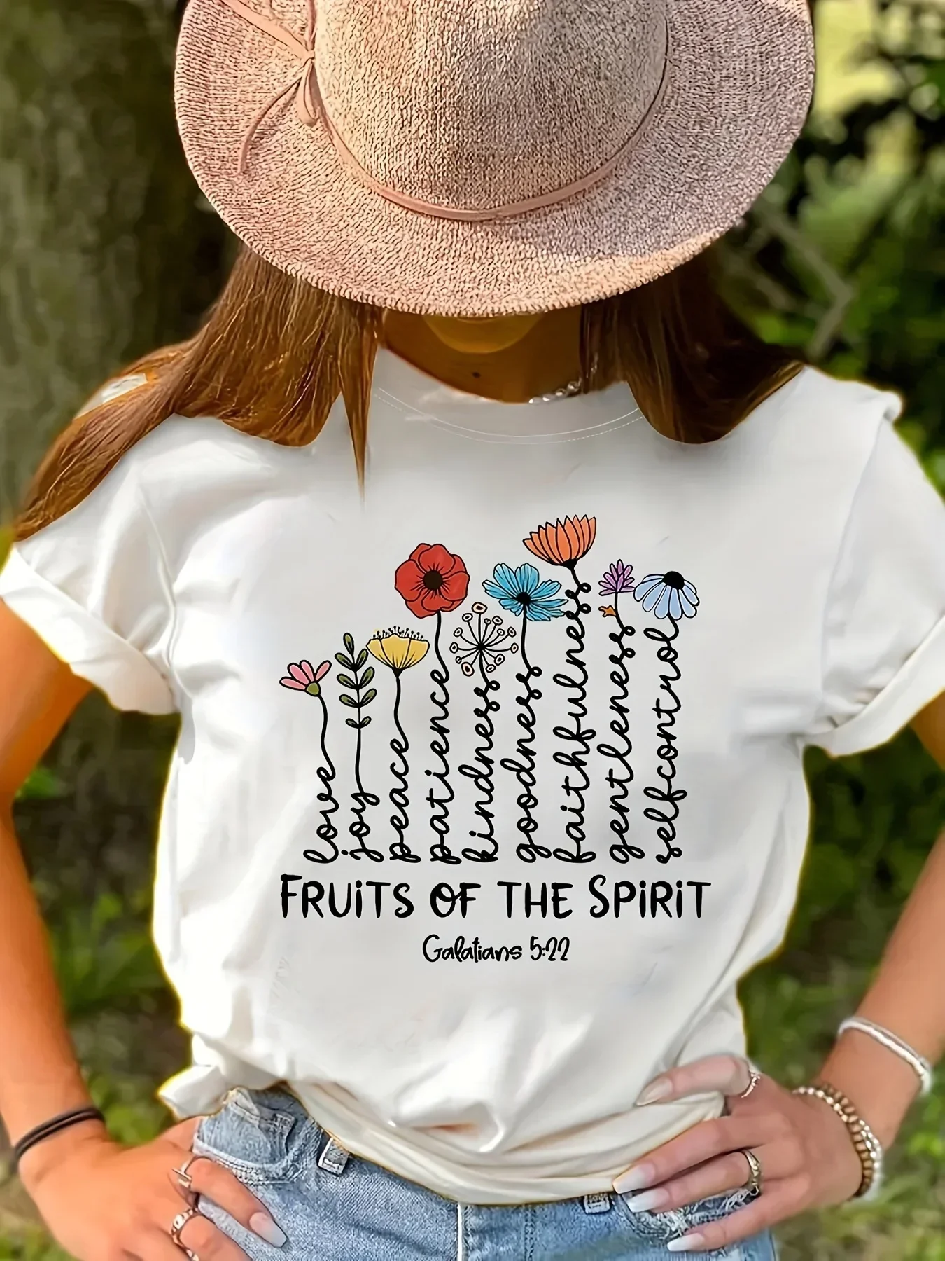 

Flower print pattern spirit fruit inspirational quotes for women's casual round neck short sleeved T-shirt women clothing