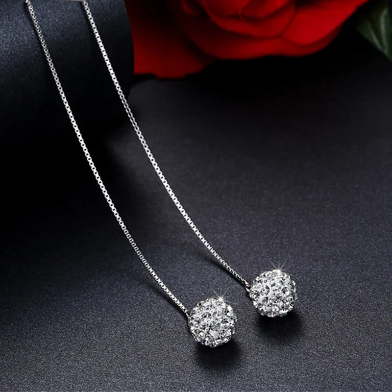 Women\'s Fashion Piercing Ear Charming Tassel Earrings  Dangle Ball Shiny Crystal Full Filled Long Box Chain Female Ear Jewelry