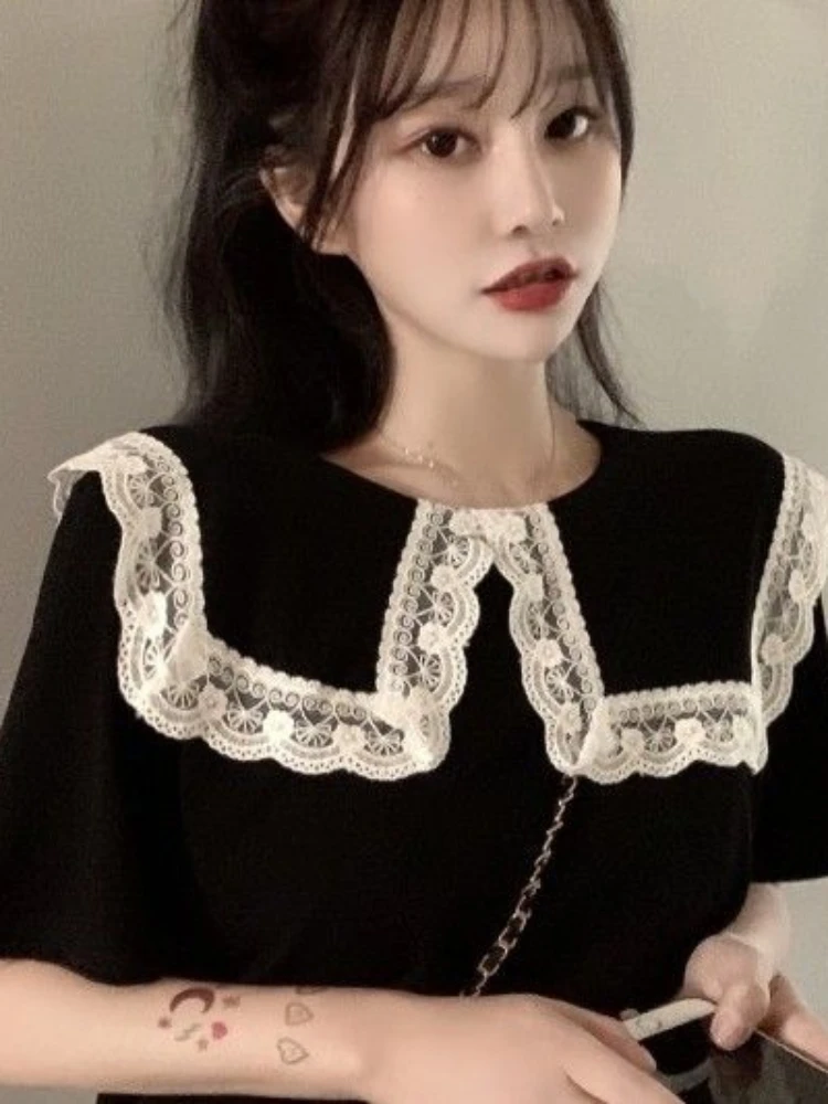 Y-for Women Black Cute Shirt & Blouse Clothes, Short Sleeve, Kawaii Collar Tunic, Vintage M, Cool Korean Style, New S, 2024