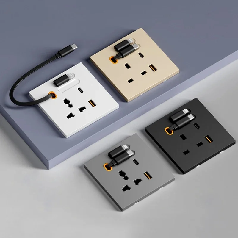 Universal Multi-Function Type 86 Concealed 3-Hole 20W Fast Charging Type-C Retractable Cable USB 80CM with 2 Round Holes for UK
