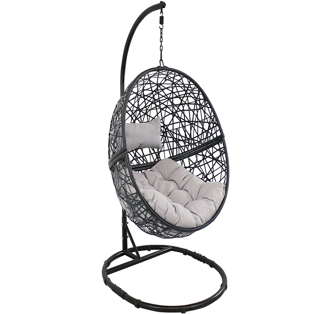 

Hanging Egg Chair Swing With Steel Stand Set All Weather Construction Wicker Rattan Swing Large Basket Design