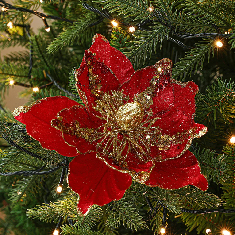เครื่องประดับดอกไม้คริสต์มาส Poinsettia Glitter ดอกไม้ตกแต่งบ้านตกแต่งเครื่องประดับที่สวยงาม Bling ดอกไม้คริสต์มาส