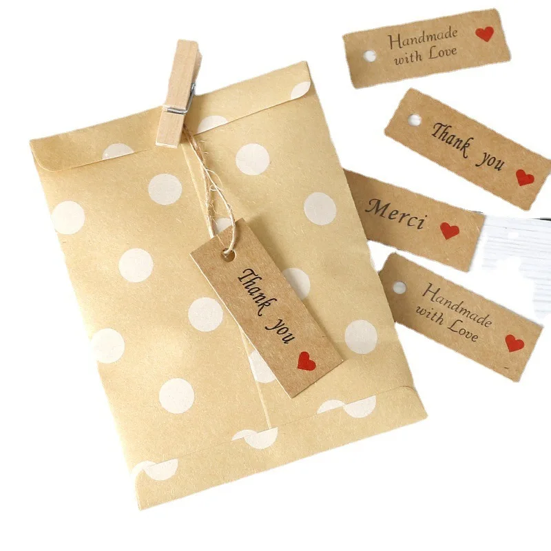 Étiquettes en papier kraft faites à la main avec amour, merci, fournitures de mariage, anniversaire, fête de Noël, emballage cadeau, attro, 100