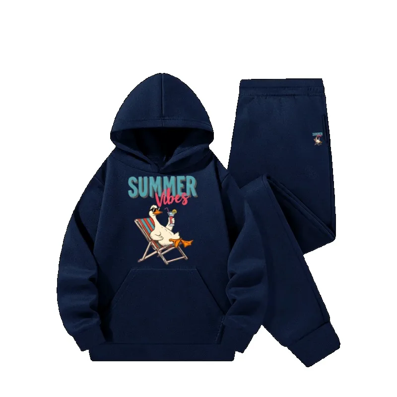 Children Cartoon Duck Print Hoodie Tracksuit 2Pcs Summer Vibes Hooded Sweatshirt+Sweatpants Boys Girls Casual Outfit Suit