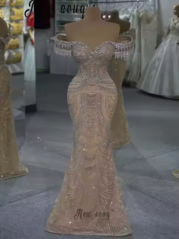 Champagne Shiny Celebrity Dresses Luxurious Beaded Sequined Evening Dress Engagement Party Dress Birthday Night Wear Customized