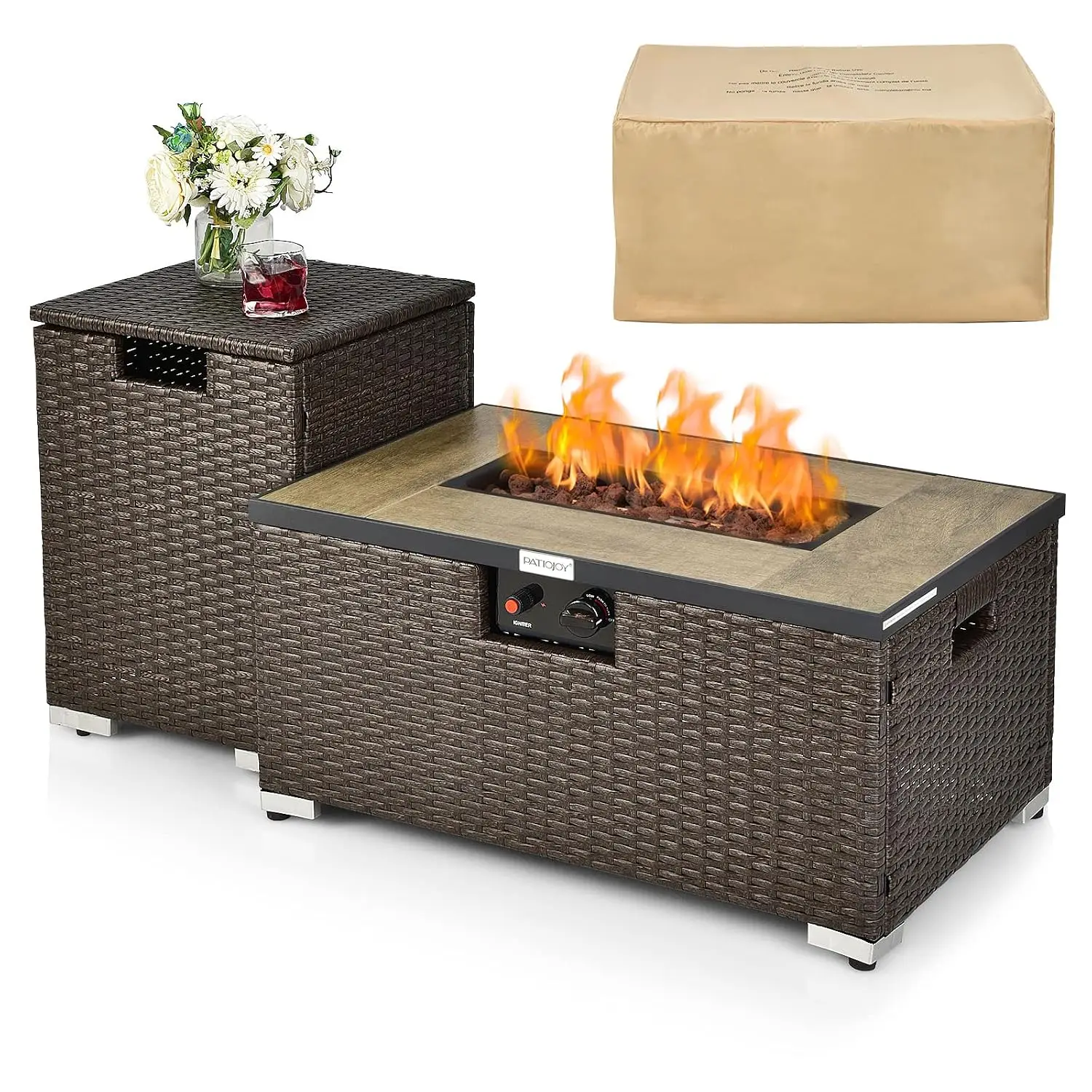 Propane Fire Pit Table Set with Hideaway Tank Holder, 40000 BTU Rattan Wicker with Lava Rocks & Cover for Patio, Customized