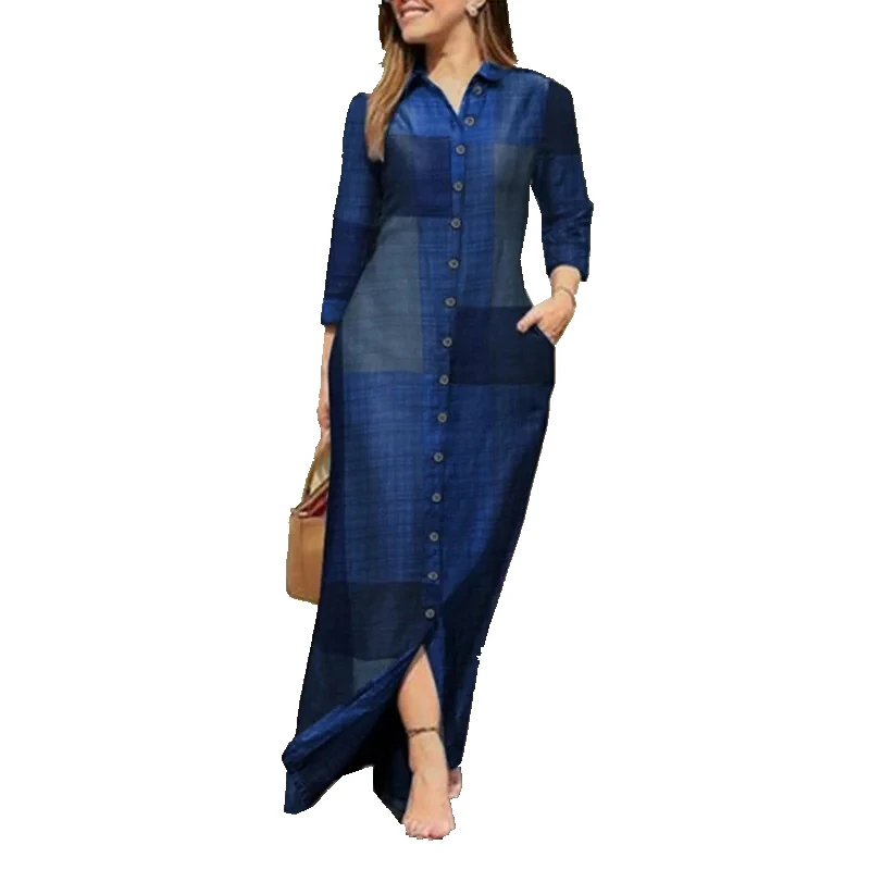 Vestido largo de talla grande con solapa y manga larga para mujer, vestido largo con bolsillo y estampado a cuadros, vestido holgado de talla grande con botones, vestido informal suelto