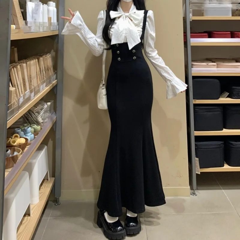 Plus Size Dames Jarreteljurk + Overhemd Tweedelige set Herfst/winter High-end Geavanceerde temperatuur Billen Fishtail Lange rok